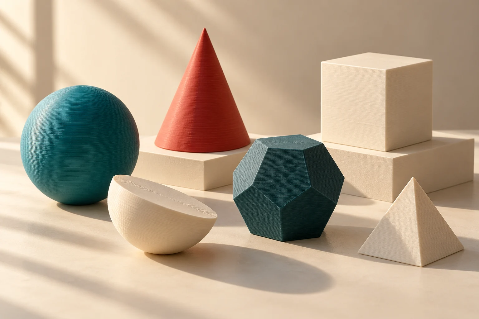 Illustrative teal, red, and ivory geometric classroom models