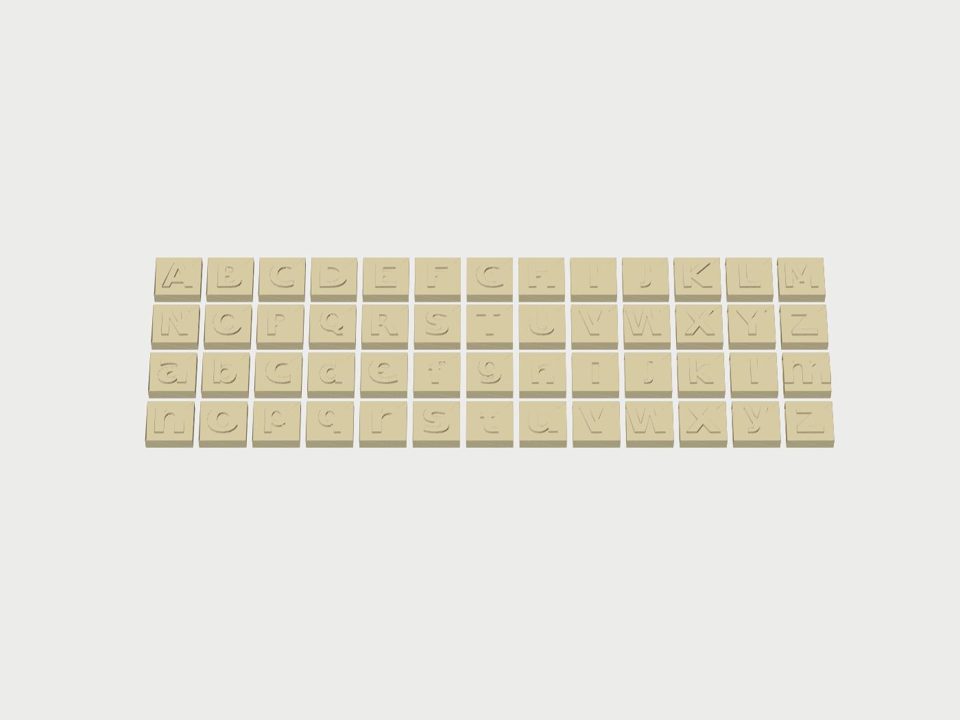 Render of the print file: small tiles each with a raised letter, uppercase and lowercase rows