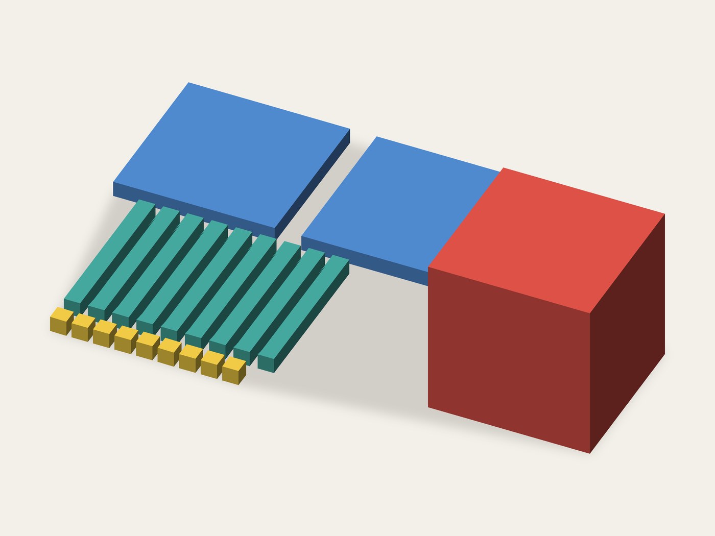 Render of the print file: base-ten blocks - small cubes, rods, flats and one large cube
