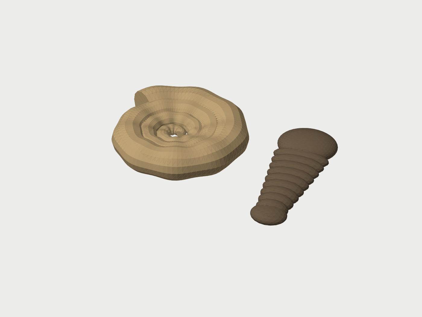 Render of the print file: spiral ammonite shell model next to a segmented trilobite model