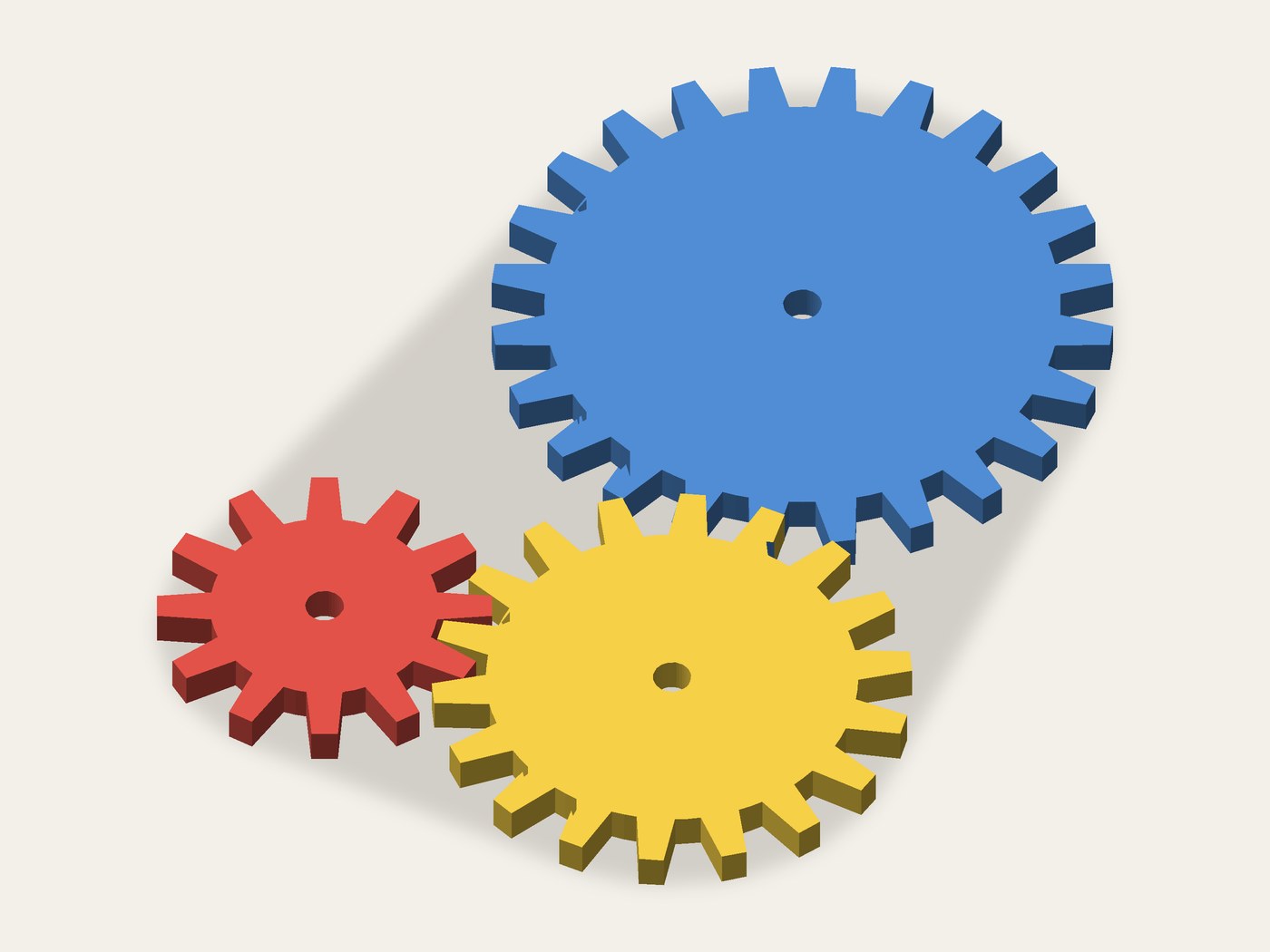 Render of the print file: three meshing colored spur gears