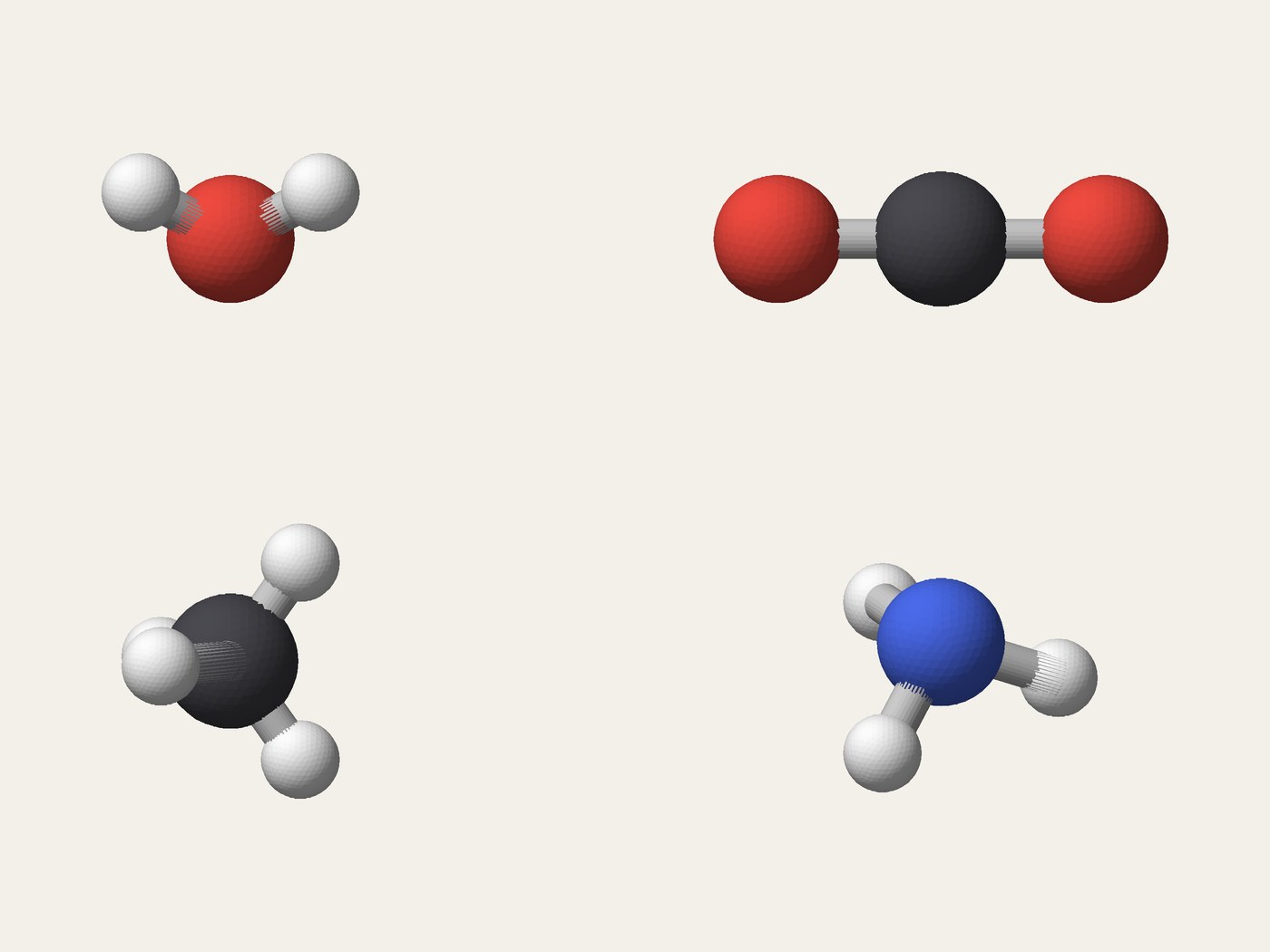Render of the print file: ball-and-stick models of water, carbon dioxide, methane and ammonia