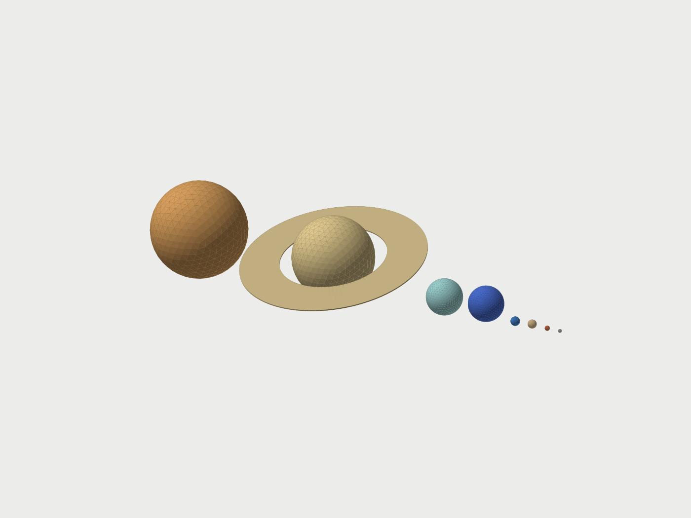Render of the print file: the eight planets as colored spheres sized to scale, Jupiter largest, Mercury a small dot