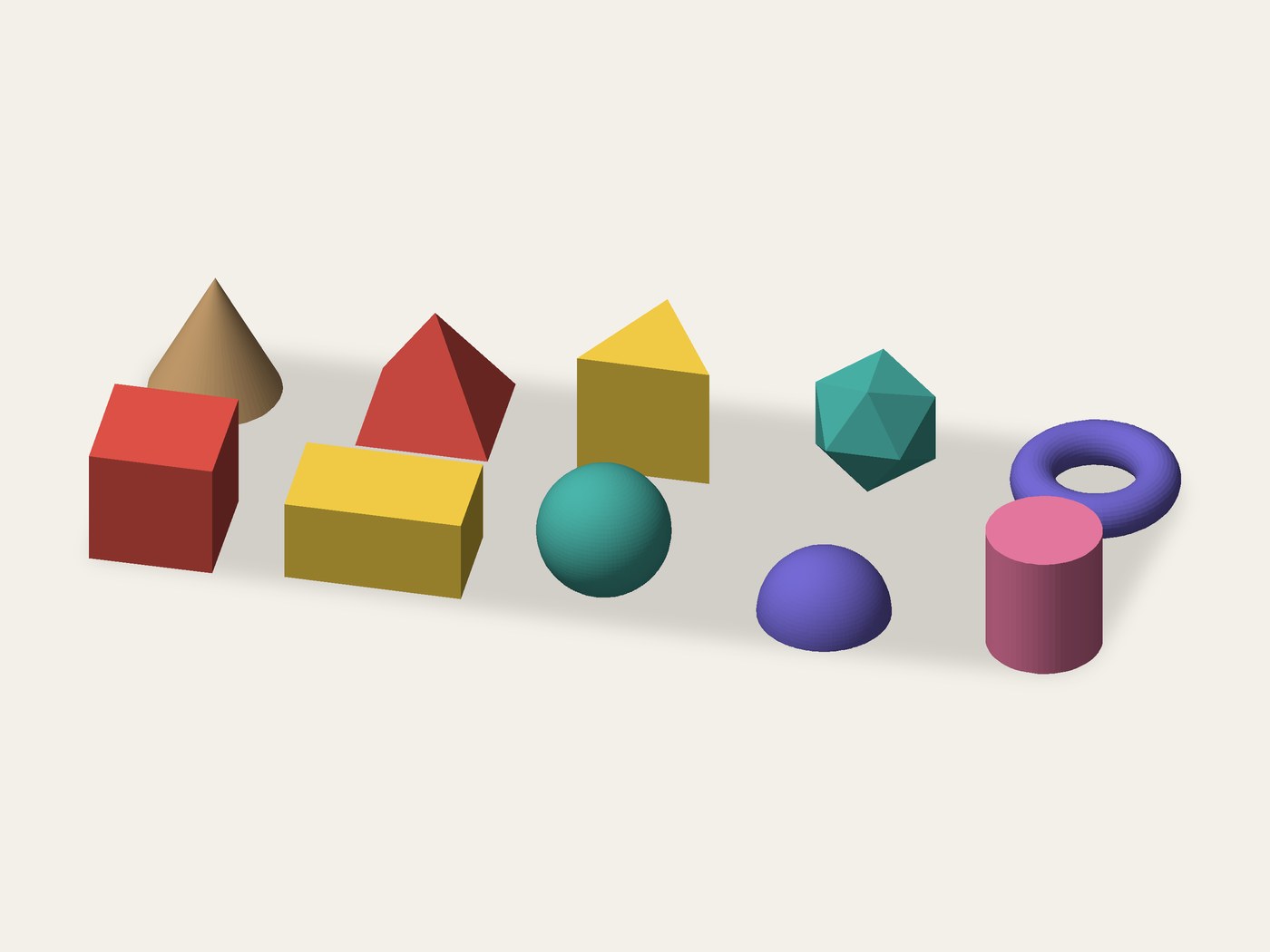 Render of the print file: ten colored geometric solids on a table