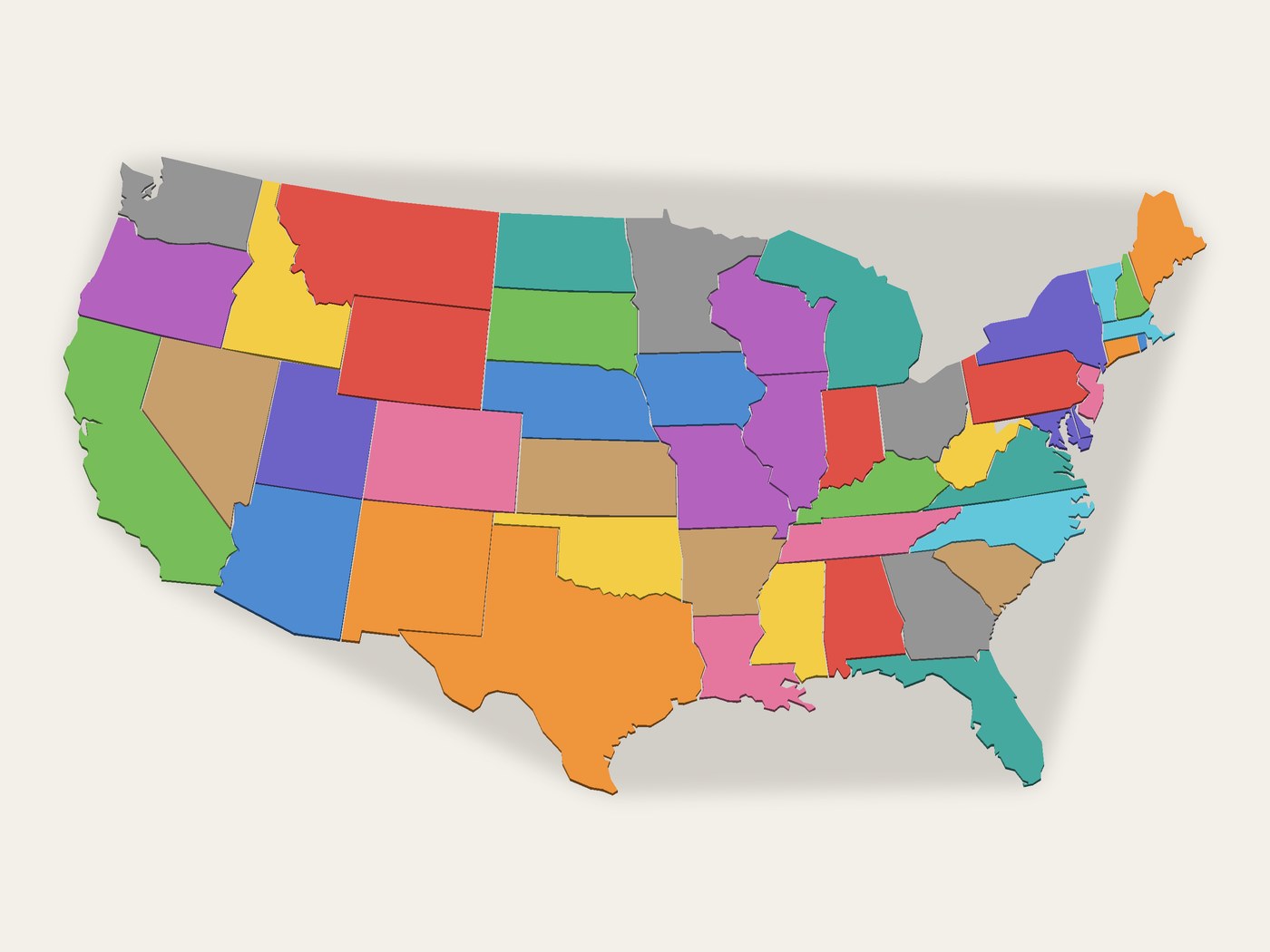 Render of the print file: puzzle of the lower 48 United States, each state a different color