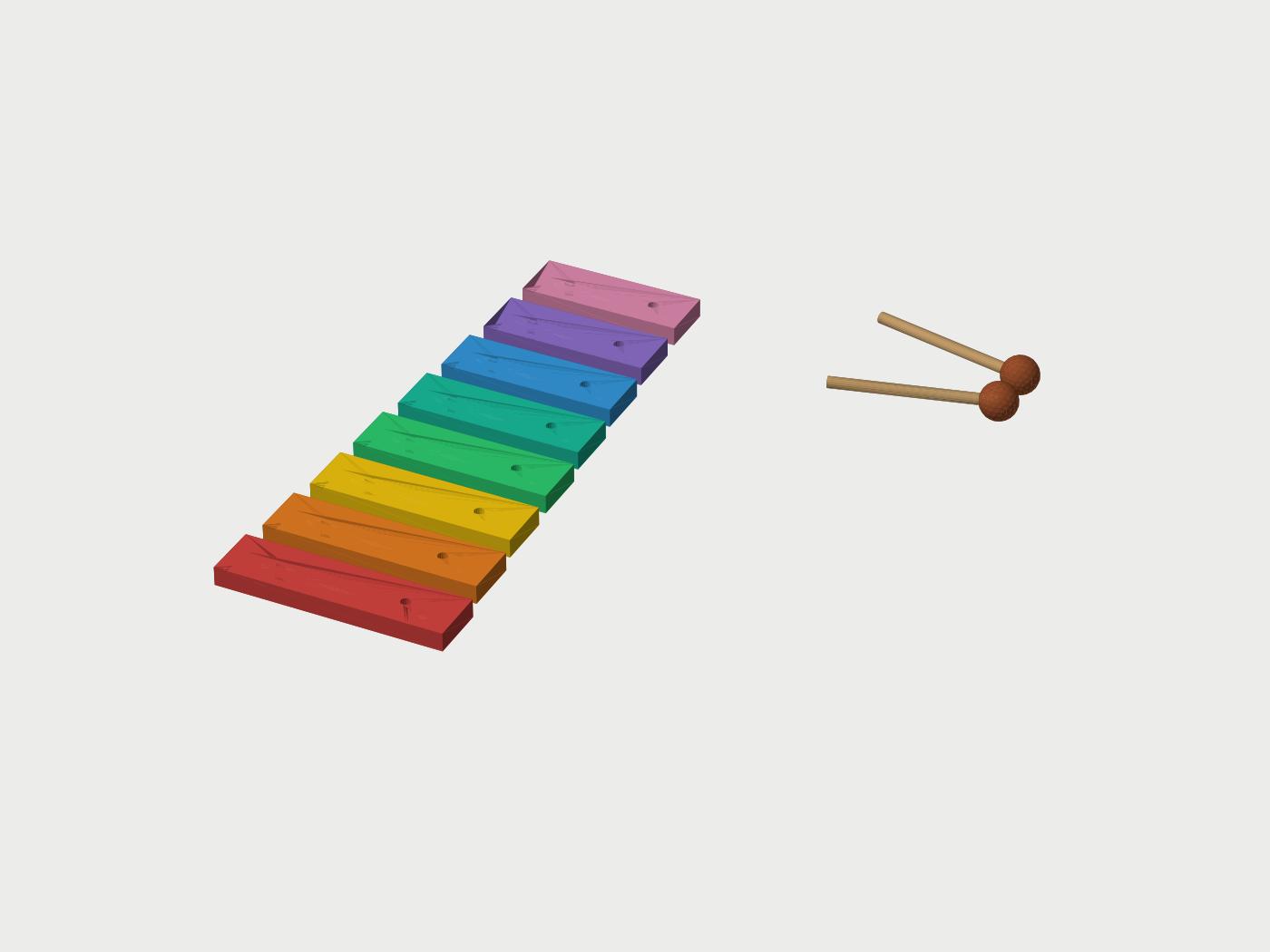 Render of the print file: eight colored xylophone bars from long to short, with two mallets