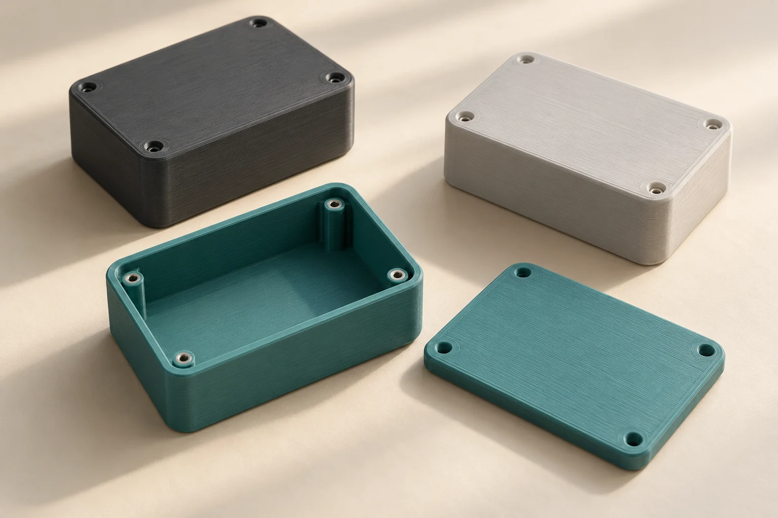 Illustrative teal and charcoal electronics enclosure prototypes