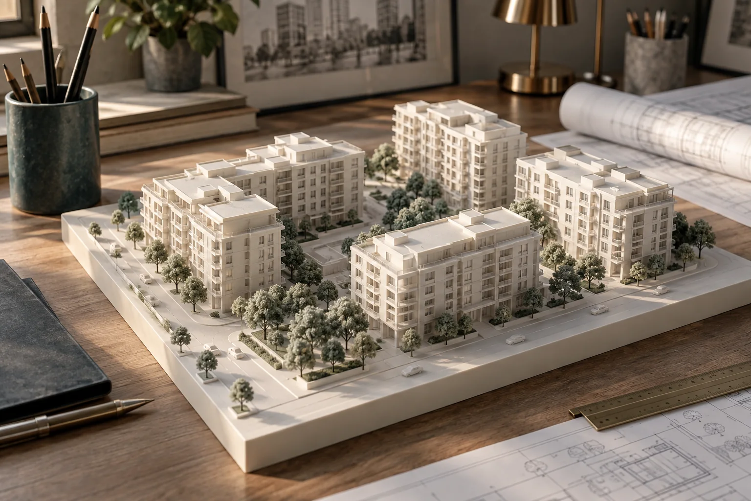 Illustrative ivory 3D-printed scale model of a city block with mid-rise buildings